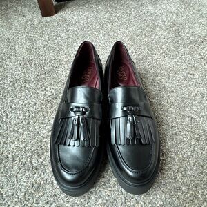 Franco Sarto Chunky Platform Black Leather Tassel Kiltie Loafers
